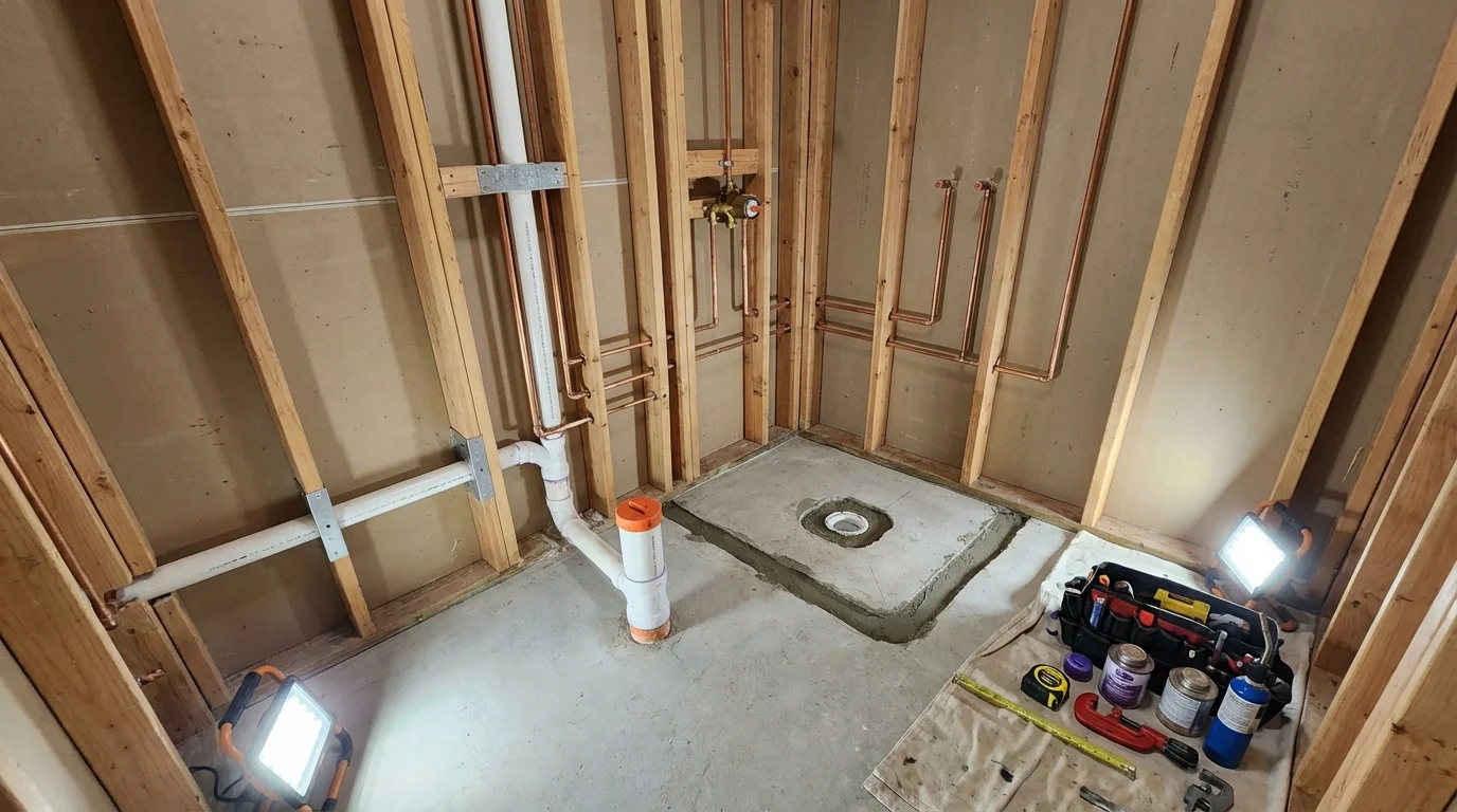 Bathroom rough-in plumbing during remodel by Johns Plumbing LLC in Madison Heights