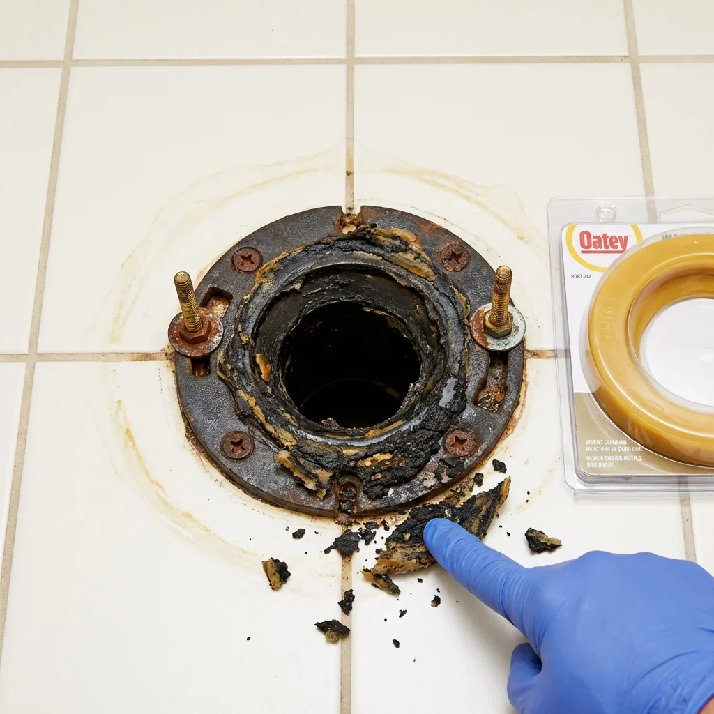 Failed wax ring showing water seepage at the base of a toilet in a Madison Heights, MI home
