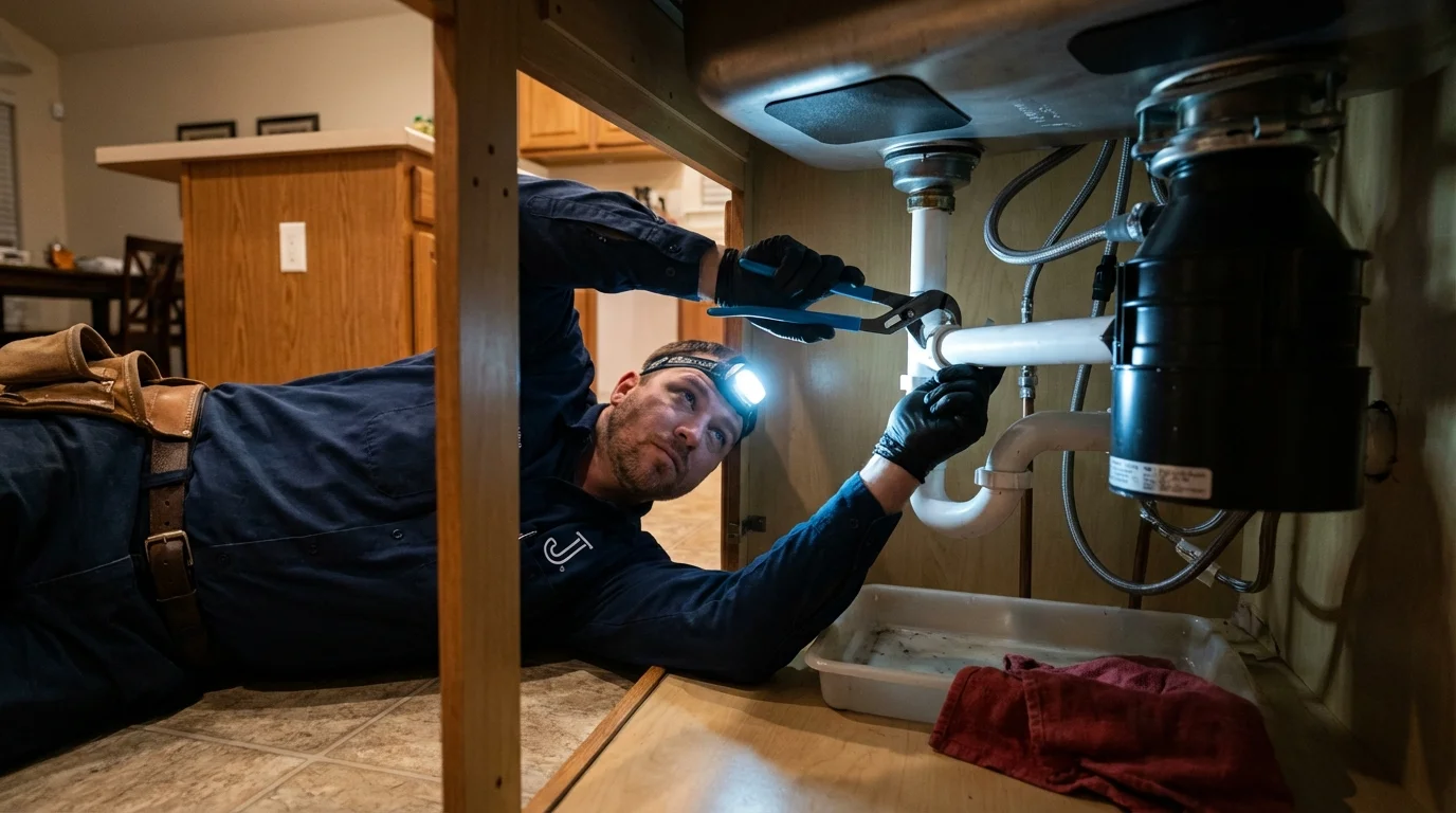 P-trap and supply line connections under a kitchen sink showing a common leak point in Madison Heights, MI